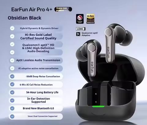 EarFun Air Pro 4+ Wireless Earbuds 6-Mic AI Clarity Call 54H Battery Life Headphones Active Noise Ca