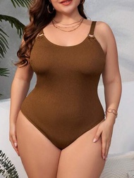 SHEIN Swim Curve 加上 O 型環細節純色連身泳衣