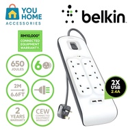 Belkin 6-outlet Surge Protection Power Extension Socket with 2 USB Ports 2.4 Amp (2m)
