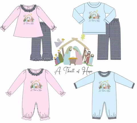 Christmas Boutique Children's Clothing Long-Sleeve Long Pants Set Cartoon Print Blue Plaid Baby Ones