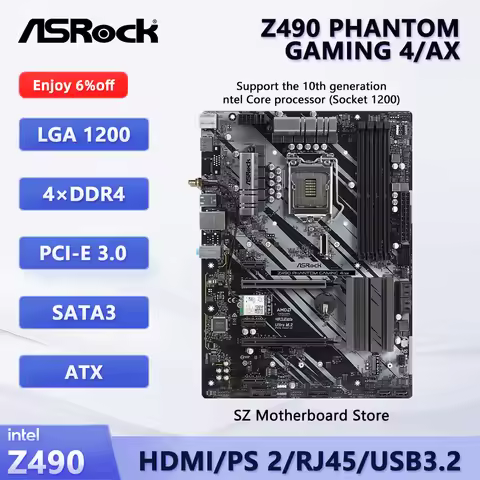 ASROCK Z490 PHANTOM GAMING 4/AX LGA 1200 ATX Gaming Motherboard Z490 Support i9-10900K i7-10700K i5-
