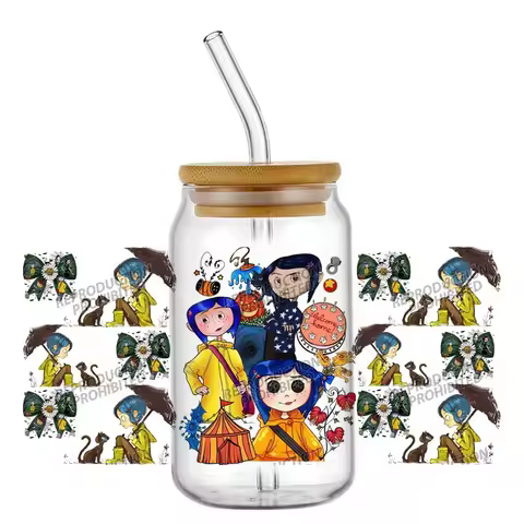 New 14 Design Coraline Cartoon Horror Movie Novel 16oz UV DTF 3D Sticker Decals Wraps Glass Can Cups