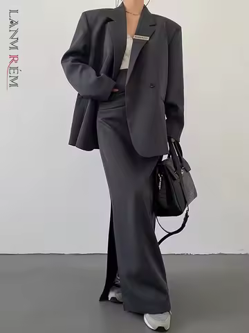 [LANMREM] Office Lady 2 Piece Set Women's Notched Double Breasted Casual Suit Jacket With Split Long