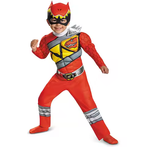 Kids Birthday Party Gift Dinosaur Team Cosplay Halloween Costume Red Power Dino Charge Ranger Muscle