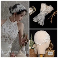 Bridal French Lace Veil Hat - Vintage Pearl Headpiece ,Wedding Glove , Elegant Wedding Veil Accessor