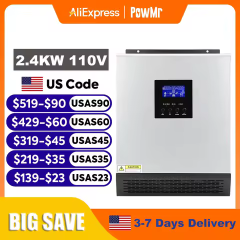 PowMr 2400W Hybrid Solar Inverter 24V 110V Pure Sine Wave Off Grid Inverter with PWM 50A Solar Charg