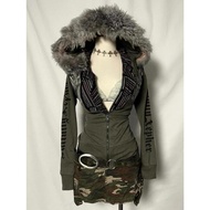Dark style fur collar hooded jacket Y2K spicy girl style vintage letter print slim fit hooded sweats