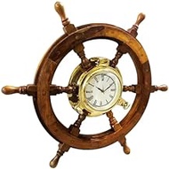Better Buy Handicraft Vintage Marine 24" Wooden Ship Wheel Porthole Vintage Clock Nautical Wall Clock Home Decor