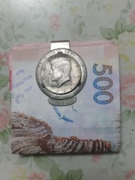 中古品 紀念美國甘迺迪總統鑲嵌1964年美國總統純銀幣 銀紙夾money clip