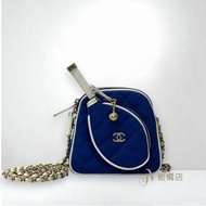 CHANEL包包 網球拍拚藍色帆布白滾邊鍊條包