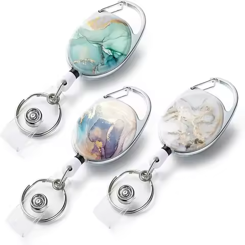 1pc Cartoon Marble Style Badge Reel Workers Nurse ID Holder Girl Boy Retractable Name Card Holder Ac