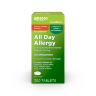 Amazon Basic Care 24 Hour Allergy Relief, Cetirizine Hydrochloride Tablets, 10 mg, 300 Count