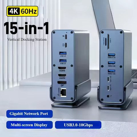 15 in 1 USB-C Docking Station 4K HD Vertical Hub with Triple Monitor RJ45 1000M USB 3.0/2.0 PD 3.0 S