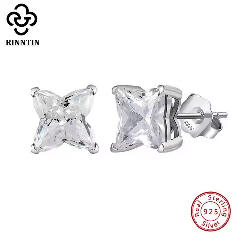 Rinntin S925 Sterling Silver Simple Stars Stud Earrings Cubic Zirconia for Women Fashion Temperament