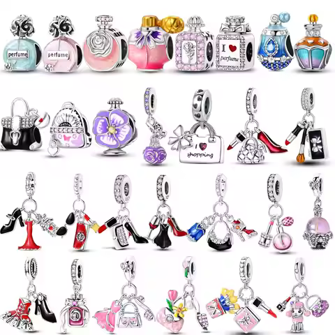 925 Sterling Silver Lipstick Perfume High Heels Bag Beads Charms Pendent Jewelry Fits 925 Original B