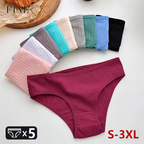 FINETOO 5PCS/SET Cotton Ribbed Striped Underwear for Women Plus Size 10 Soild Colours Stretch Briefs