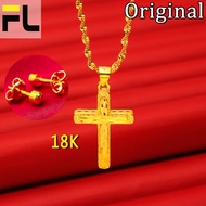 Gold 18k Pawnable Saudi Original Necklace with Free Earing 18 Inches Double Water Ripple Chain Gold Cross Pendant Women Fashion Necklaces Pawnable Jewelries Nasasangla Sale Legit Wedding Gift Ideas Buy 1 Take 1 Earrings Set