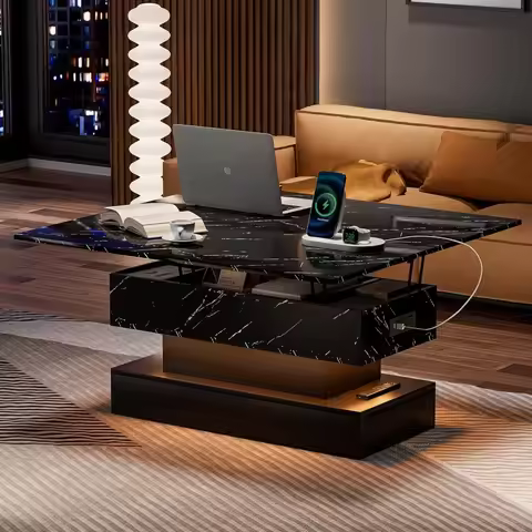 Lift Top Coffee Table with Charging Station, Modern High Glossy Center Table with LED Light, 3 in 1