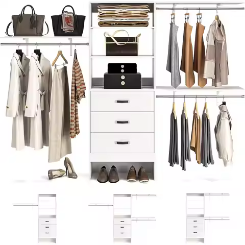 96 Inches Closet System, 8FT Walk In Closet Organizer with 3 Shelving Towers, Heavy Duty Clothes Rac