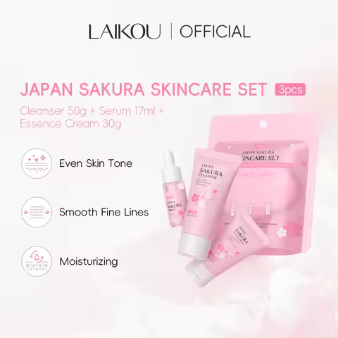 LAIKOU Japan Sakura Skincare Set 3PCS Hydrating Anti-Aging Trio Cleanser Serum Moisturizer Brighteni