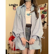 sadfs Áo sơ mi Lovito kiểu tay phồng cột dây màu trơn thường ngày cho nữ LNE21290 (màu xanh dương nh