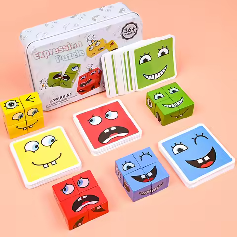 Cube Face Change Building Blocks Board Game Wood Puzzle Montessori Expression Wooden Blocks Blocos F