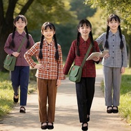 80年代怀旧复古格子儿童演出服怀旧采茶村姑演出服下乡表演服开学9.19 80s retro plaid children's performance costume, nostalgic villag