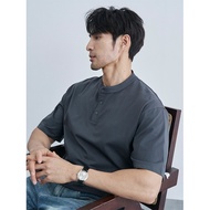 American Retro Henry Shirt Men Summer Pure Cotton Short-Sleeved t-Shirt Men Thin Loose Blue Henry Co