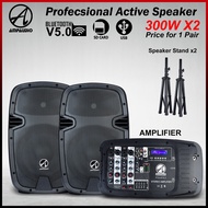 AmpAudio 10 Inch Speaker Set With Amplifier 300WX2 With  Bluetooth and Speaker Stand - pair