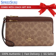 Coach Wristlet In Gift Box Large Wristlet Double Zip Wallet In Signature Canvas Tan Brown # CX161
