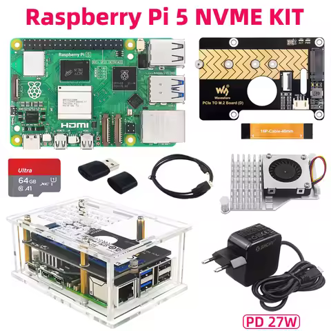 Raspberry Pi 5 PCIe to M.2 NVME Kit 4G 8G 16GB RAM Active Cooler PD 27W Power Supply Acrylic Case TF