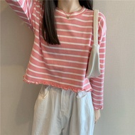 Lace Striped Short Style Top 2024 Spring &amp; Autumn New Women's Korean Style Versatile round Neck Casual Long Sleeve T-shirt Ins Fashion