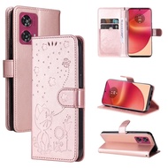 Ready to ship Cat and Bee Embossed Flip Leather Phone Case For Motorola Edge 50 Fusion/Motorola Edge