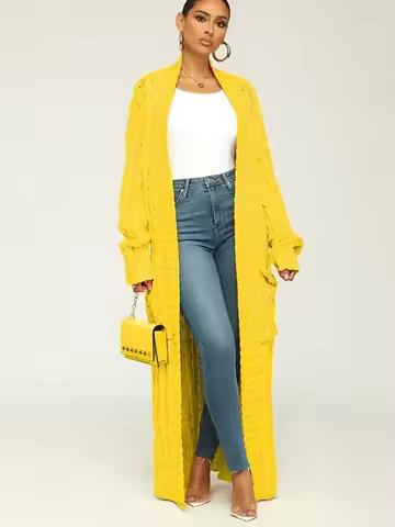 Kintted Cardigan Women Long Jacket Autumn Winter Yellow Crochet Loose Long Sleeve Woman Sweater Warm