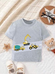 SHEIN 嬰兒男童休閒運動挖掘機紋短袖t恤,簡單有趣,適合春夏戶外活動