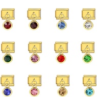 Italian Charm Gold Color 12 Birthstone Colorful Round CZ Pendant  Link Fit 9mm Stainless Steel Brace