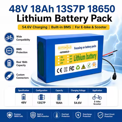 48V 18Ah High Capacity E-Bike Battery 18650 Lithium-ion Pack 13S7P with BMS + 54.6V Charger for Elec