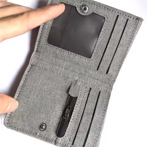 Canvas Men's Money Clip Short Trifold Wallet With Zip Coin Purse Fashion Student Casual Money Clip C