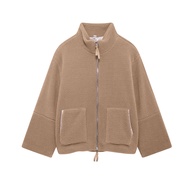 Womens Fleece Jacket Oversized Zip Up Stand Collar Fuzzy Sherpa Coat with Pockets Casual Winter Fall