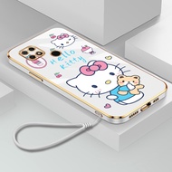Casing Xiaomi Redmi 7 8 8A 9 9A 9C 9T 10 10A 10C K20 K30 K40 Pro Luxury Plating Hello Kitty Square Edge Ultra-thin Phone Case Shockproof Cover +Liquid Lanyard