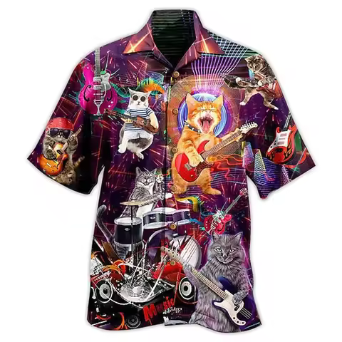 Men's Guitar Cat Print Shirts Summer Breathable Lapel Shirts Beach Casual Single Breasted Shirts Men