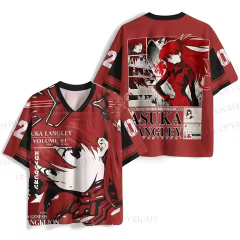2026 New Bandai Japanese Anime Neon Genesis Evangelion Asuka Langley Red Manga Print V-Neck Short Sl