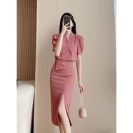 Tao  New Bow crop jacket pencil dreess women korean style Fashion Elegant Stitching two-piece Set