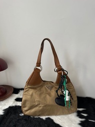 中古包 PRADA 普拉達 經典輕盈棕色 拼皮 尼龍肩背包