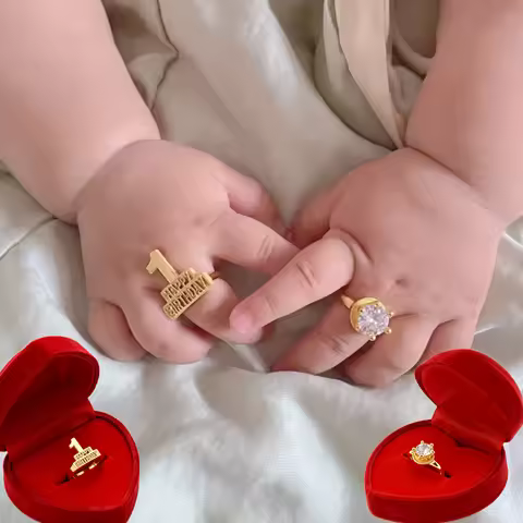 Infant 1st Birthday Photography Ring WITH BOX,Zircon Creative Baby Anniversary Gift -Happy Birthday 