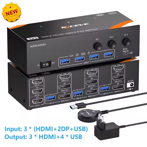 2025 NEW KVM Switch 3 Monitors 3 Computers 8K@60Hz/4K@120Hz,HDMI DP KVM Switches for 3 PC Sharing Tr