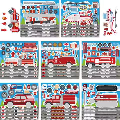 8-24Sheets Kids Stickers Puzzle DIY Fire Fighting Truck Stickers Cartoon Car Helicopter Firefighting