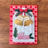 MERRY CHRISTMAS 聖誕鐘 拱門 紅色 格子 背景 聖誕卡