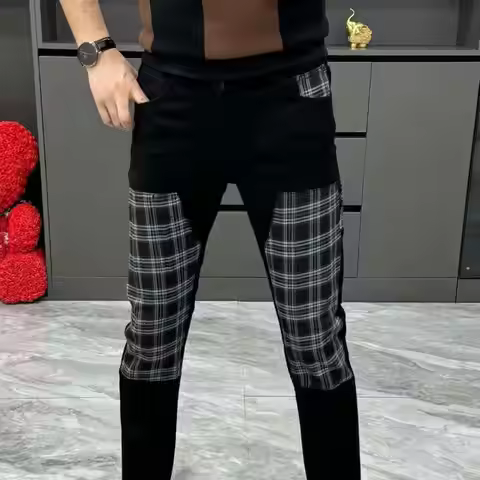 Patchwork Jeans Motorcycle Skinny Jeans Men High Street Grid Print Jeans Hip Hop Trendy Hole Color P