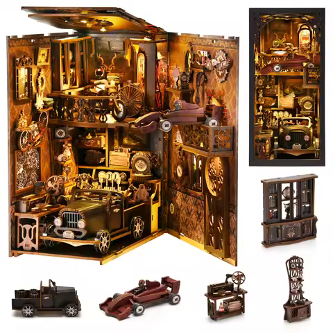 Model Car Vintage Classic Car Wooden Creative DIY 3D Puzzle Book Nook Kit Science Experiment Educati